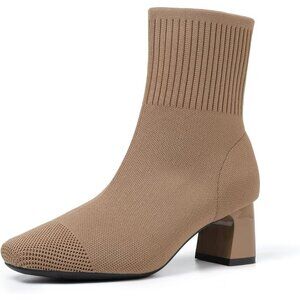 Women's Brown Dressy Comfy Knit Sock Square Toe Chunky Heel Slip On Booties